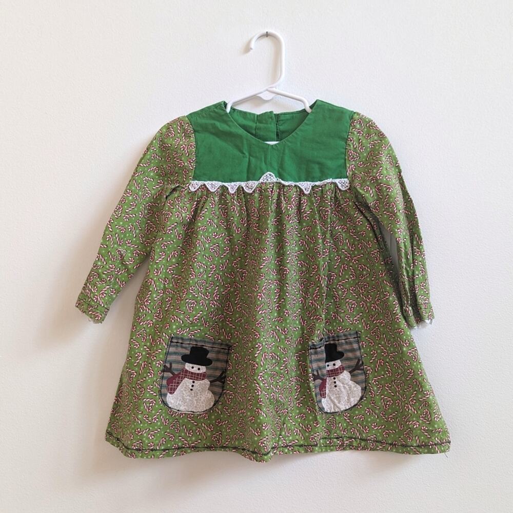 Vtg Y2K 2T Handmade Christmas Dress Green Snowman Festive